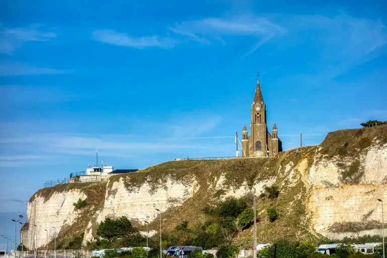 The 'Église Notre-Dame-de-Bonsecours' perched on top of the sea cliffs in Dieppe