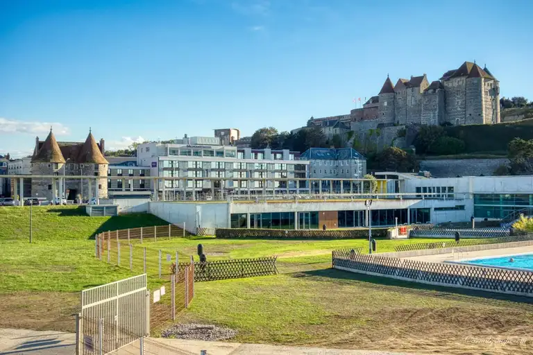 The Chateau Musee de Dieppe up on the hilltop and in the bottom corner is the Aquatic centre for swimmers