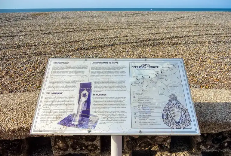 Information plaque for the previous Essex Scottish Regiment World War II commemorate sculpture