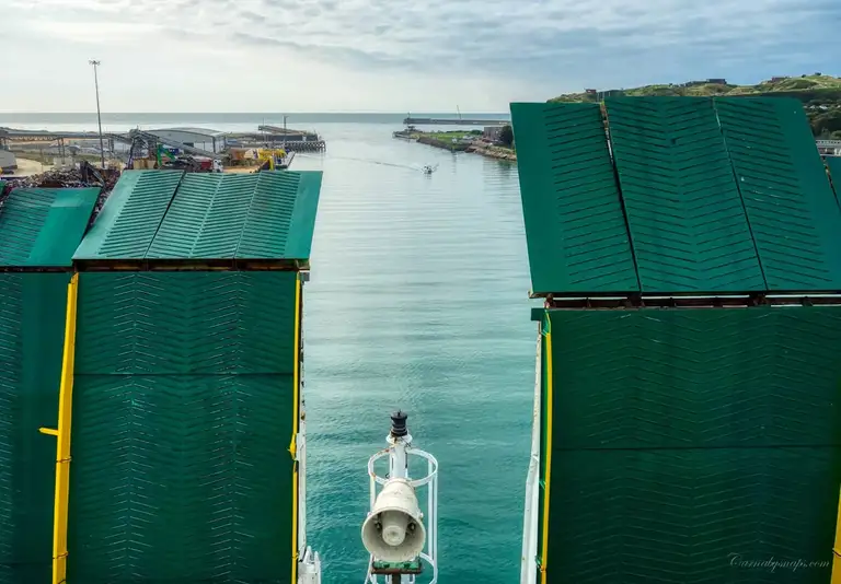  The roll-on/roll-off ramps are kept open whilst in dock and close when the ship is ready to depart