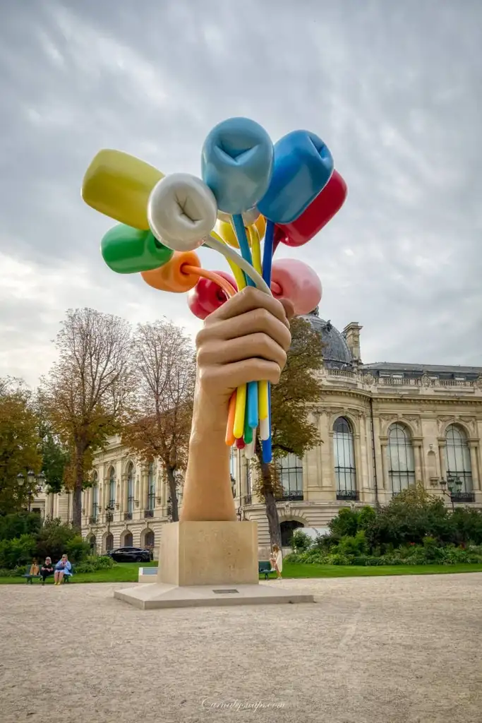 Jeff Koons' 'Bouquet of Tulips' which honours the victims of the Paris terror attacks that took place in France in 2015 and 2016