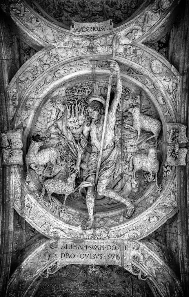 The carvings underneath the Renaissance arch of Le Gros-Horloge