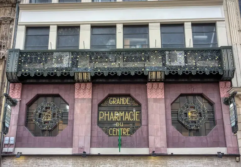  Close-up of the Grande Pharmacie Du Centre Art Nouveau style sign which is opposite Rouen Cathedral