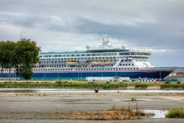 The MV Balmoral cruise ship owned and operated by Fred. Olsen Cruise Lines and was built in 1988, weighs 43 tons and can carry 1,325 passengers!