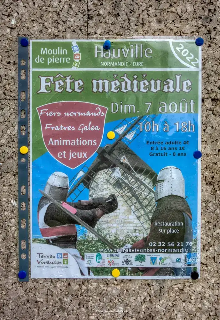 Poster advertising a Medieval reenactment at the Moulin (windmill) in Hauville