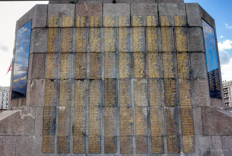 Names of French victims who lost their lives in World War's I & II on the 'Monument aux Morts' World War I & II Memorial