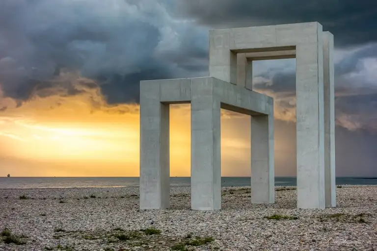 The 'Monument LH (Le Havre)' sculpture on Plage Le Havre, designed by artists Lang / Baumann in 2018 and represents the initials of the city (L and H)