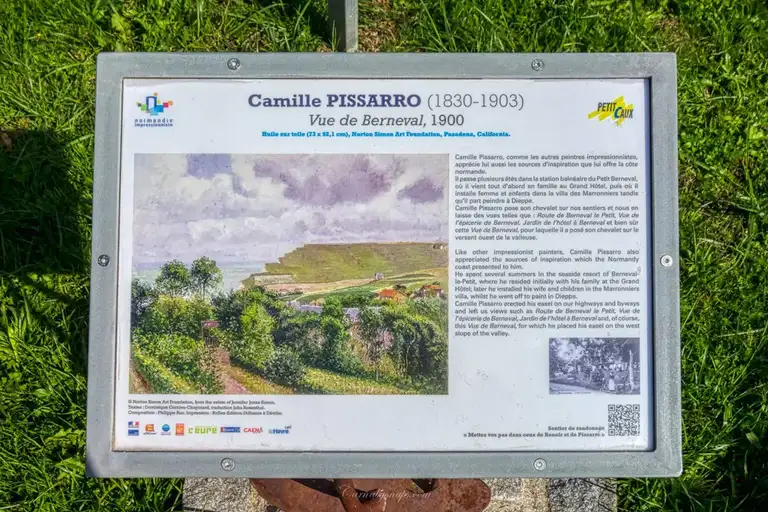 Information plaque on Camille Pissarro's painting of the view of the cliff-lined coast of the Berneval-le-Grand