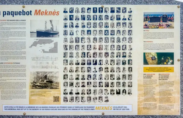 Information plaque for the Monument Naufrage Meknes and the crew who tragically lost their lives