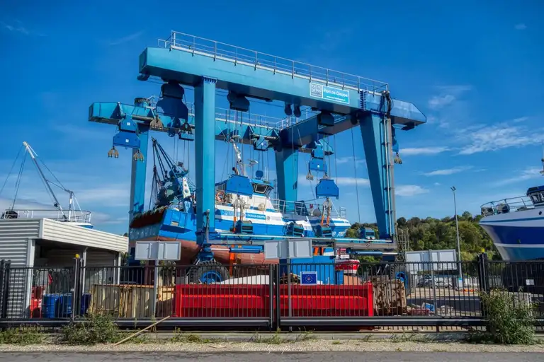 Fishing boat hauled up with a powerful winch in Dieppe's dockyards
