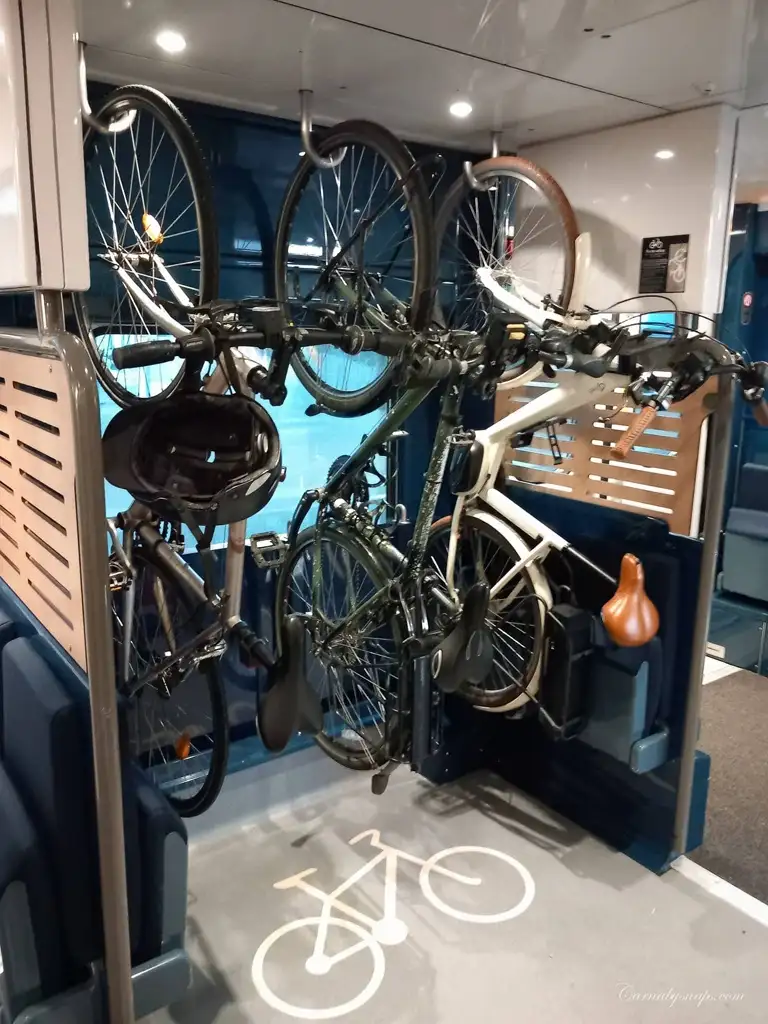  After finding out last minute the night before that there was going to be a train strike and my booked ticket for late afternoon was cancelled I booked the first train out of Le Havre in the morning so was up at 5.30am to catch the first train! here's how you hang the bike on most of the French suburban trains - mines in the middle!