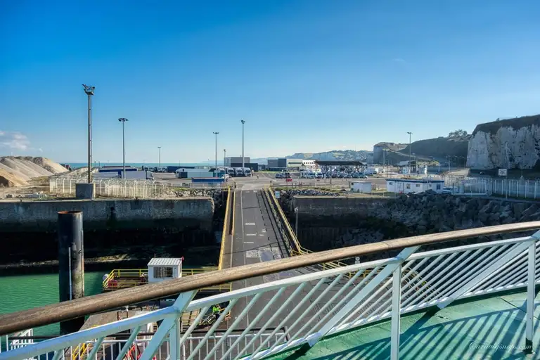 The view from the ferry docked in the port of Dieppe - lot's of caravanners parked can be seen in the distance who will be coming back to the UK from their summers spent in France!