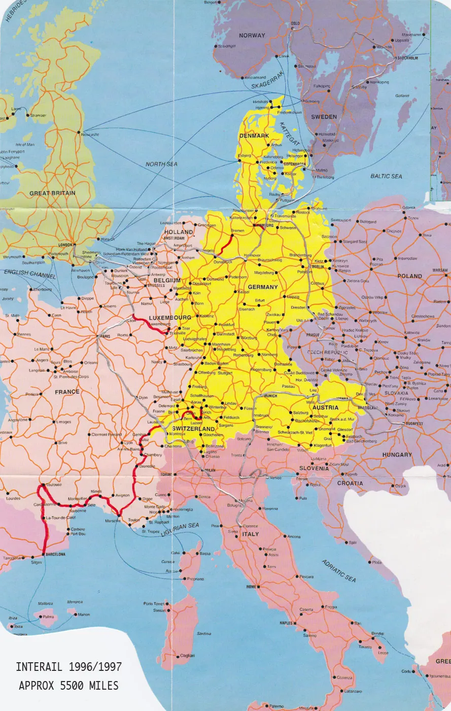 The silver line is the journey I done in 1997 and in ’96 very similar with added places, the red lines
