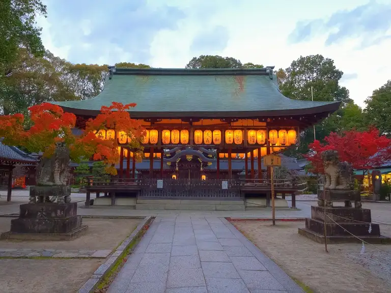Shinto Shrine in autumn colors at dusk Kita Kyoto