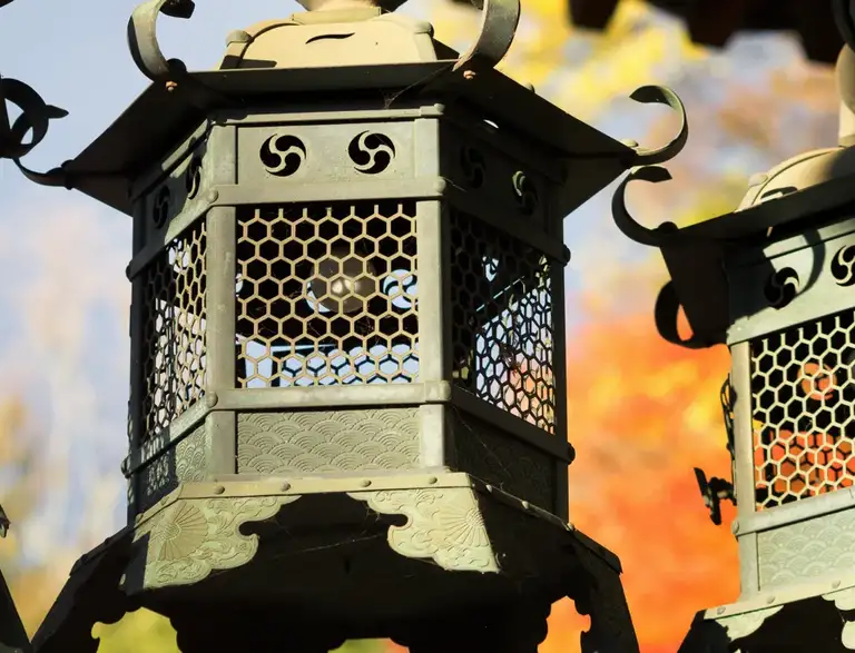 Close up of a lantern in autumn colors of the Hilltop buddhist hall in Todaiji Nara