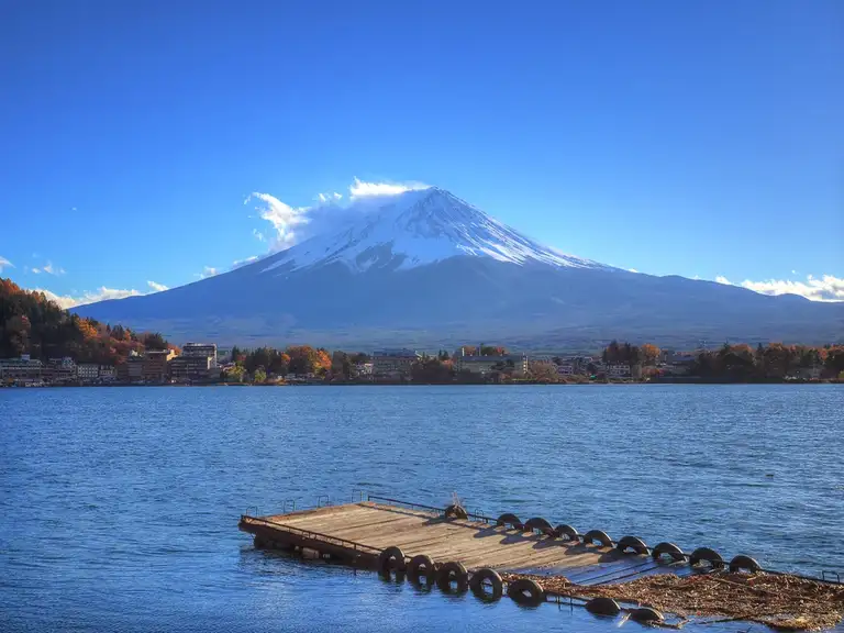 Abandoned dock on Lake Kawaguchi with Mount Fuji in the background Lake Kawaguchi