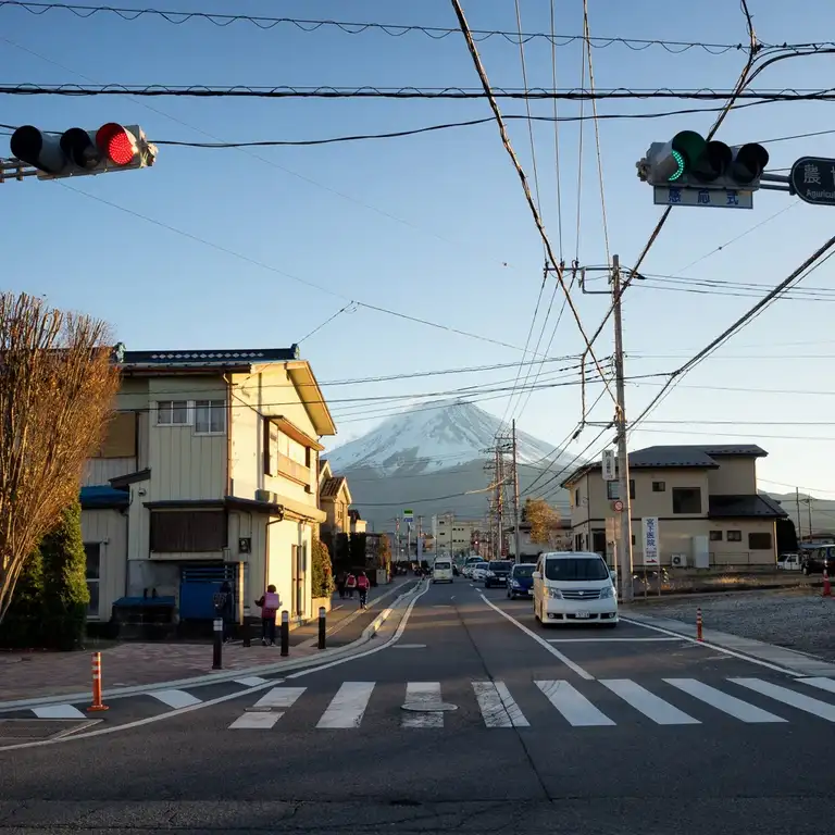 Mount Fuji seen in the background of the streets of Lake Kawaguchi Lake Kawaguchi