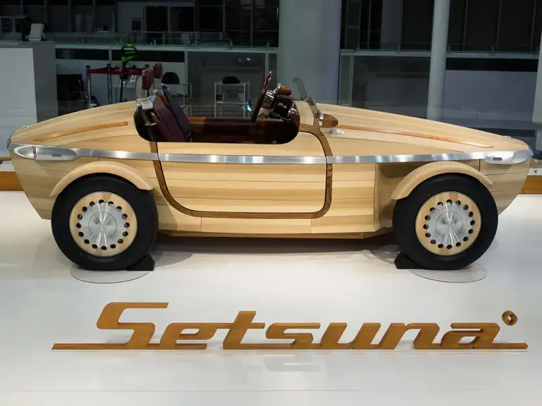Toyotas Setsuna wooden car at Mega Web Toyota City Showcase Odaiba
