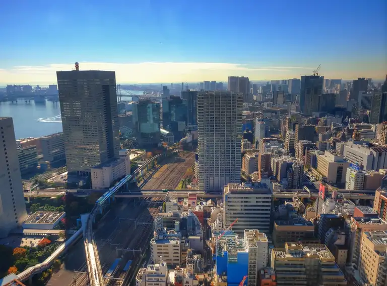 Rainbow Bridge in the background from the view at the Seaside Top Observatory at the World Trade Center Minato