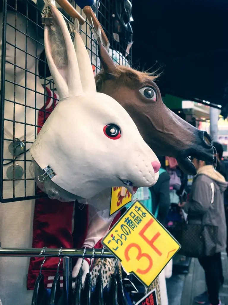 Unusual rabbit and horse head costume masks in Takeshita Street Harajuku