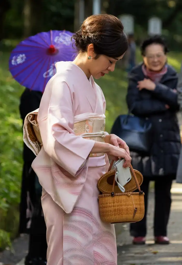 Geisha model slipping away her mobile phone in a traditional wicker handbag at Meiji Jingu Shrine Shibuya