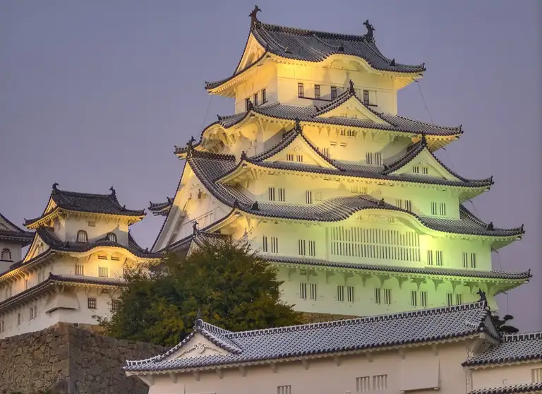 Close up of Himeji Castles white white temple roof tiles Himeji