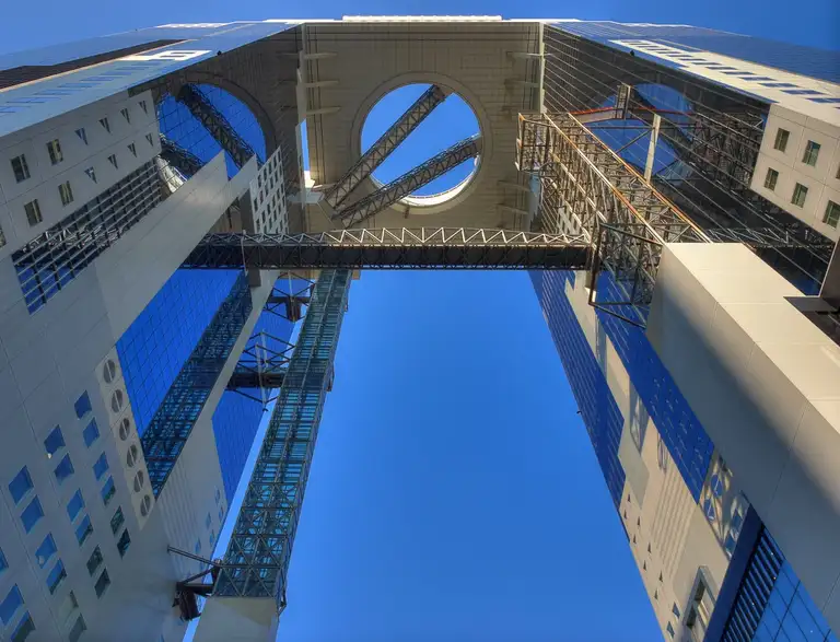  Looking up a the architecture marvel of the Umeda Sky Building and the sky escalators Osaka
