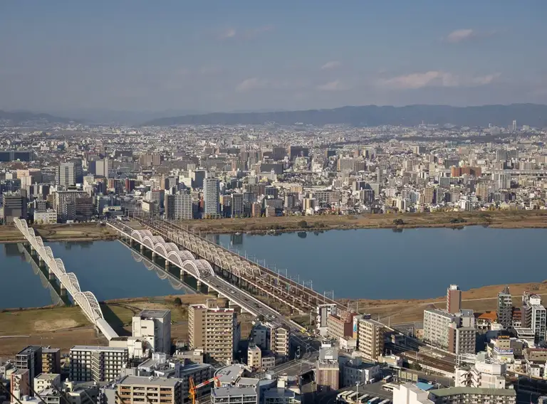 Looking out onto the Yodo river from the top deck of the Umeda Sky Building Osaka