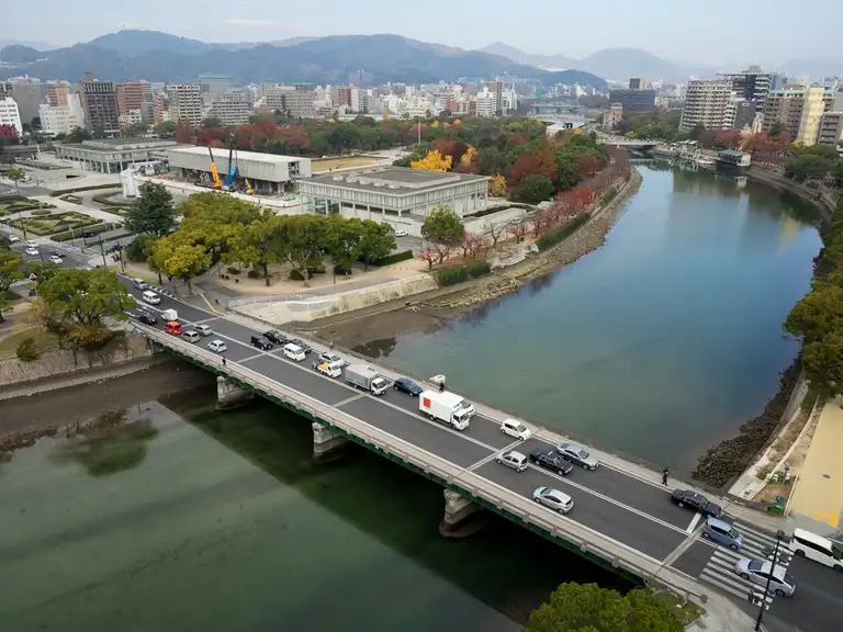  View of the Peace Memorial Museum and park taken from Hotel Sunroutes restaurant floor Hiroshima