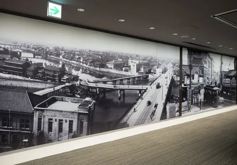Wall photo taken by the US military of the Aioi Bridge before it was bombed in 1945 at Hiroshima Peace Memorial Museum Hiroshima
