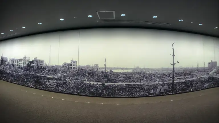  Wall photo taken by the US military showing the total destruction of Hiroshima after the Atomic bomb landed in 1945 at Hiroshima Peace Memorial Museum Hiroshima