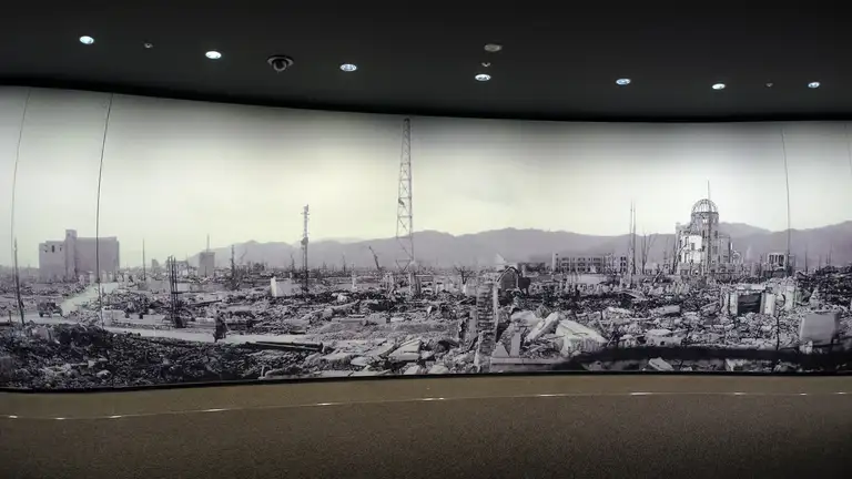 Wall photo taken by the US military of the flattened buildings including the A bomb dome after Hiroshima was bombed in 1945 Hiroshima