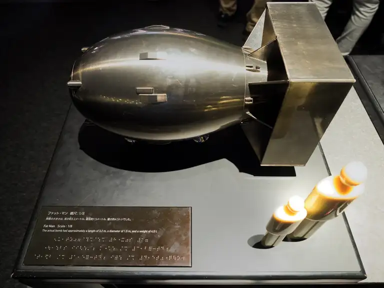 Scale model of Fat Man the Atomic bomb that was dropped on Nagasaki on 9th August 1945 by Bockscar during World War II at Hiroshima Peace Memorial Museum Hiroshima