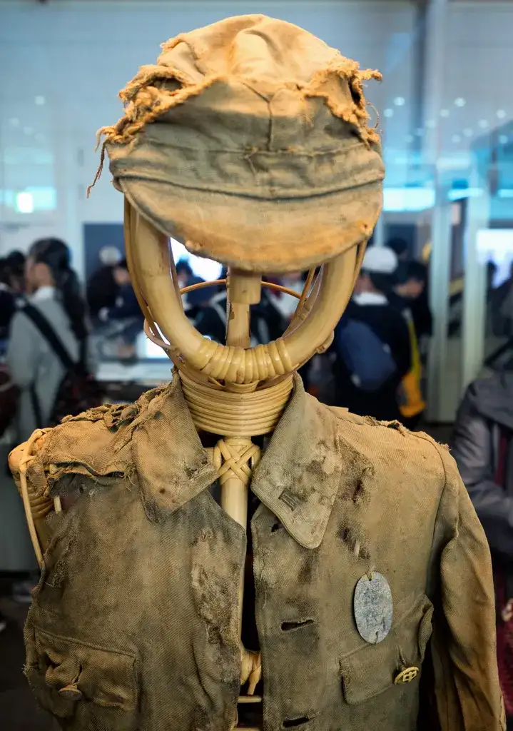 Student workcorps unit suit worn by 12 year olds found after the Atomic Bomb Hiroshima Peace Memorial Museum Hiroshima