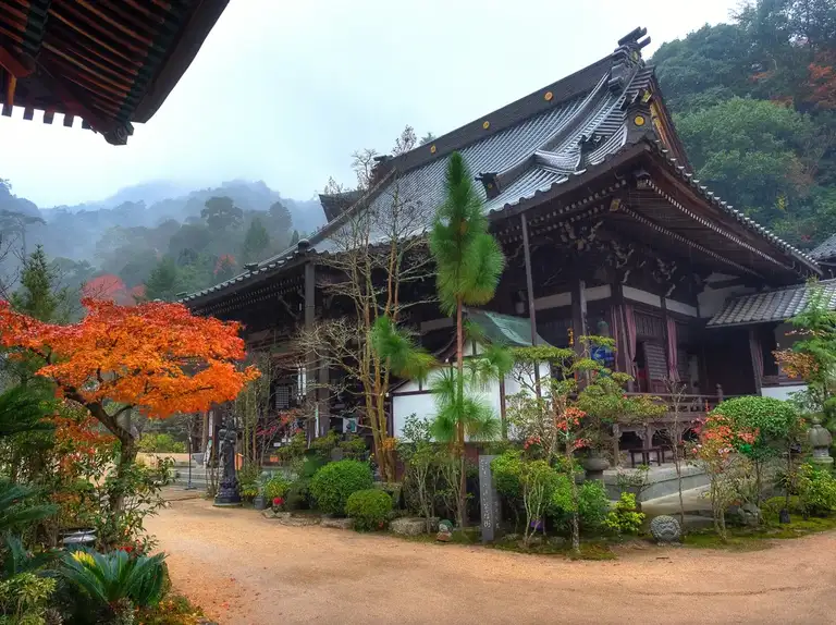Kannon do Hall with autumn colors Daisho in Temple Miyajima Island