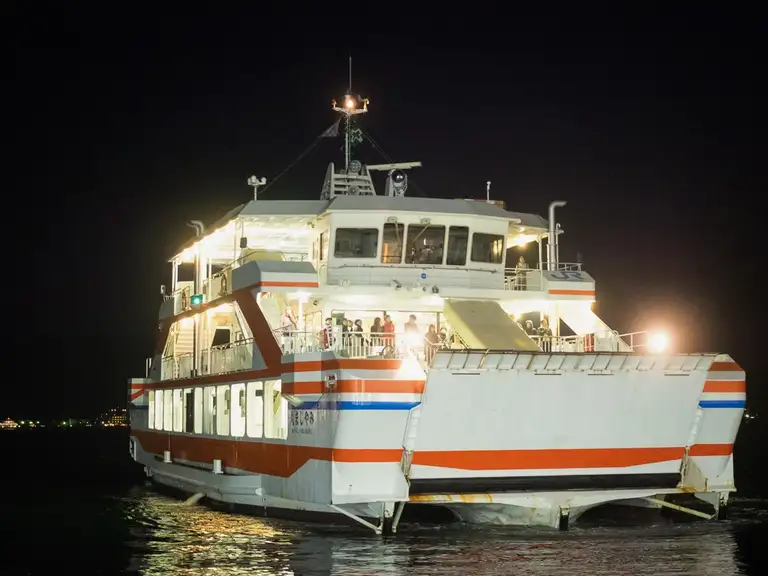 The JR Miyajima Ferry arriving at Miyajima guchi at night