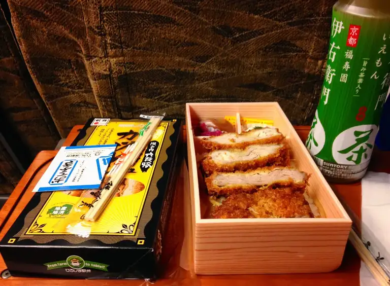 The classic well presented Ekiben or Bento Box that I got for the Shinkansen breaded pork cutlet style