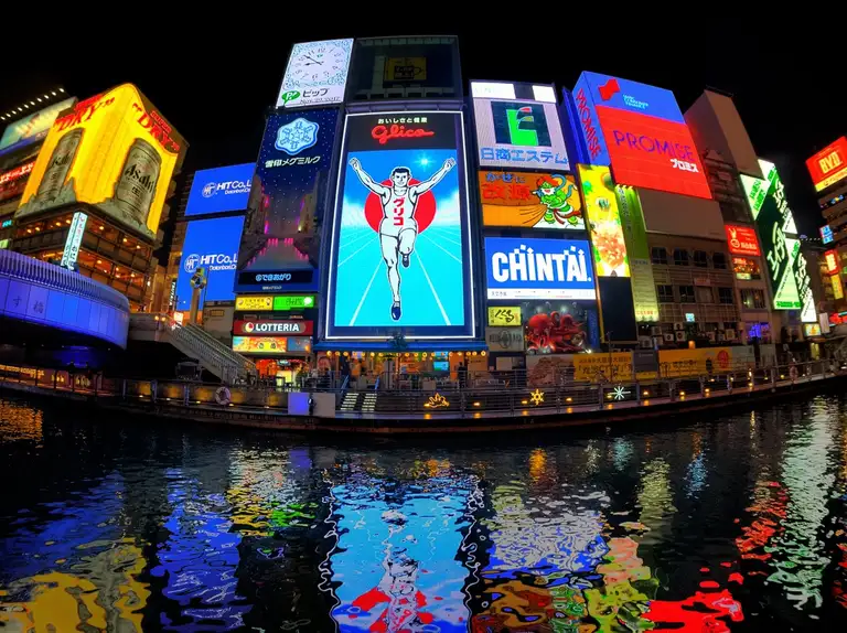 The Glico Running Man 1935 brightly lit up over Dotombori canal Osaka Night time